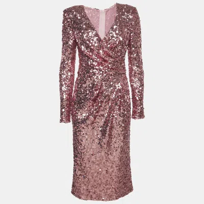 Pre-owned Dolce & Gabbana Pink Metallic Sequin Mesh Draped Midi Dress M