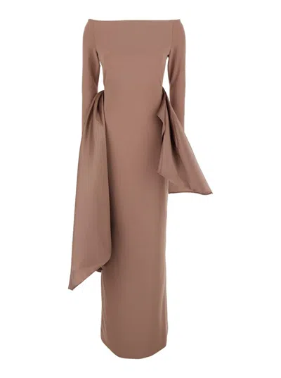 Solace London Kiana Brown Long Dress With Boat Neckline And Maxi Draped Detail In Tech Fabric Stretch Woman