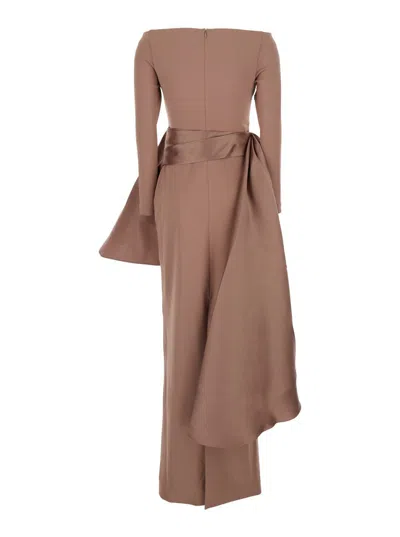 Solace London Kiana Brown Long Dress With Boat Neckline And Maxi Draped Detail In Tech Fabric Stretch Woman