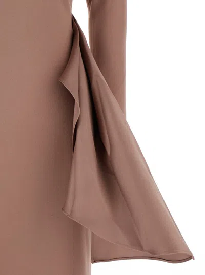 Solace London Kiana Brown Long Dress With Boat Neckline And Maxi Draped Detail In Tech Fabric Stretch Woman