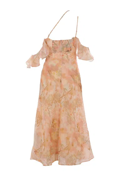 Zimmermann Floral Print Midi Dress With Ruffled Sleeves