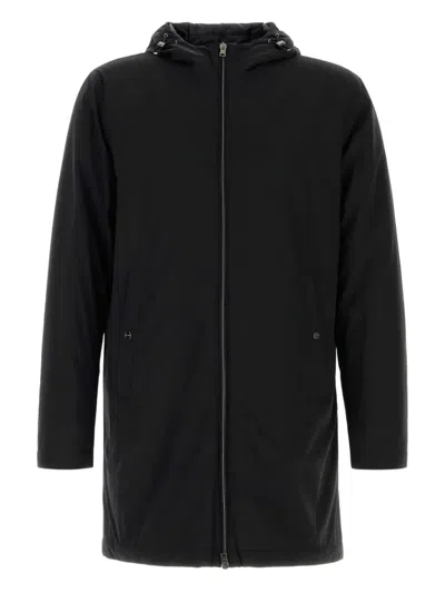 Herno Stretch Nylon Parka With Hood And Pockets In Black