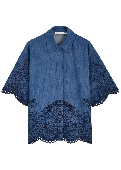 Zimmermann Denim Shirt With Floral Embroidery And Collared Neck In Blue