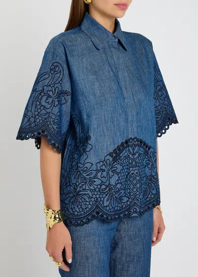 Zimmermann Denim Shirt With Floral Embroidery And Collared Neck In Blue