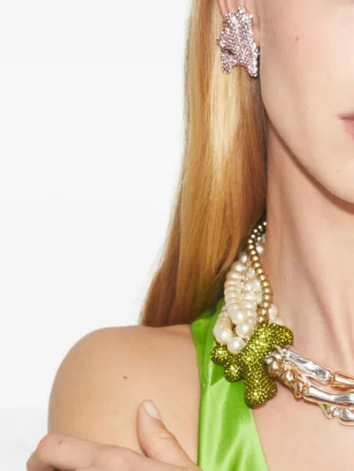 Tory Burch Coral Rhinestone-embellished Clip-on Earrings In Silver