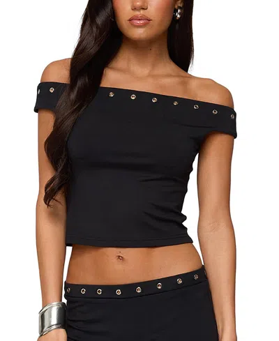 Edikted Neriah Grommet Trim Off The Shoulder Crop Top