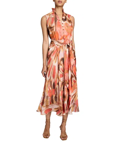 Santorelli Nirva Sleeveless Ruffle-neck Midi Dress In Abstract Printed Georgette