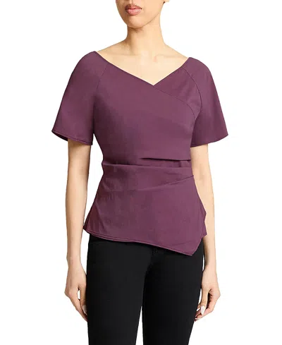 Santorelli Murphy Short Sleeve Wrap Top With Asymmetric Tucked Closure In Stretch Cotton Blend In Pink
