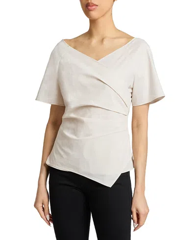 Santorelli Murphy Short Sleeve Wrap Top With Asymmetric Tucked Closure In Stretch Cotton Blend