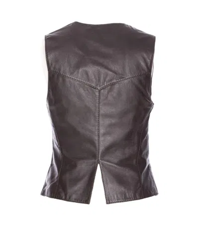 Pinko Leather Vest With V-neck And Front Pockets In Black