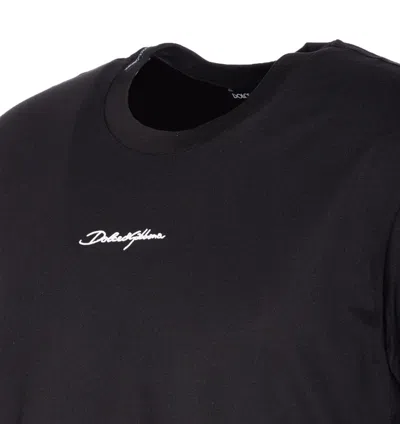 Dolce & Gabbana Black Crewneck T-shirt With Signature Logo In Cotton Man In Black