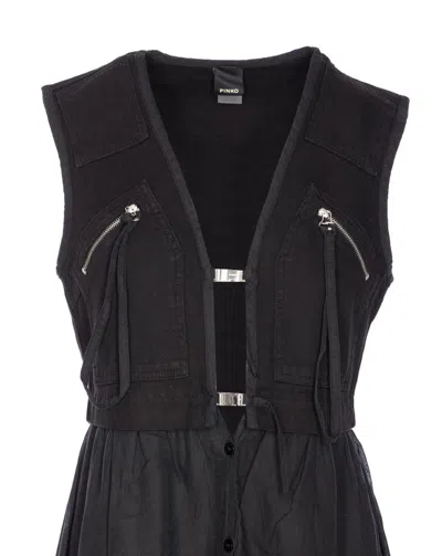 Pinko Robe Longue En Coton Avec Gilet Sans Manches Utilitaire In Black