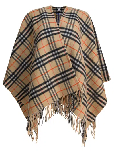 Burberry Charlotte Cape With Plaid Pattern And Fringe In Neutral