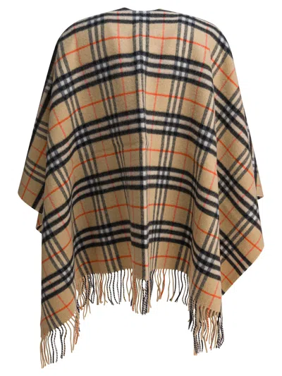 Burberry Charlotte Cape With Plaid Pattern And Fringe In Neutral
