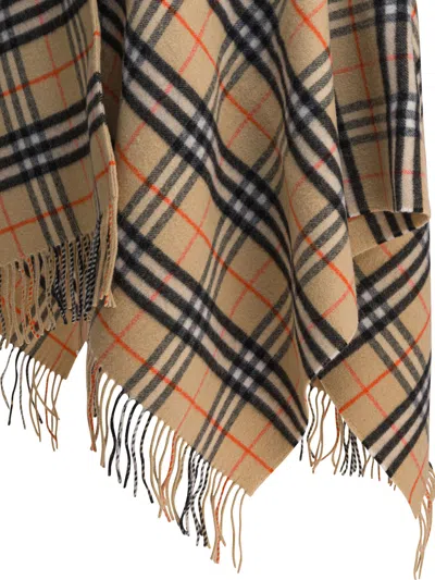 Burberry Charlotte Cape With Plaid Pattern And Fringe In Neutral