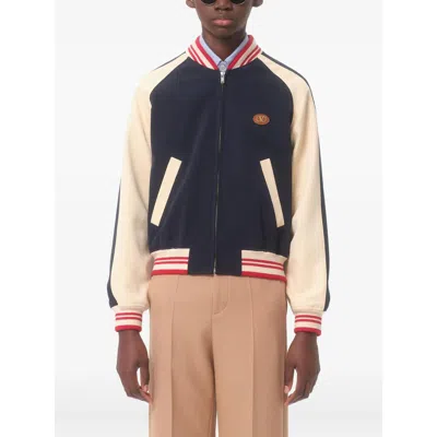 Valentino Sporty Bomber Jacket With Embroidered Details In Blue