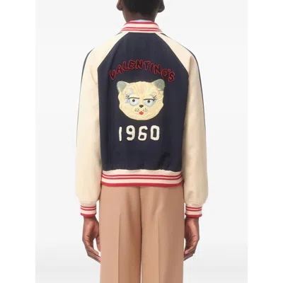 Valentino Sporty Bomber Jacket With Embroidered Details In Blue