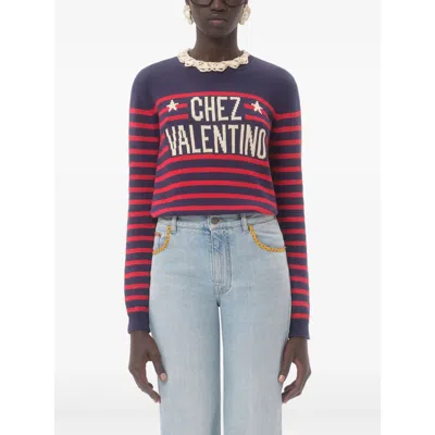 Valentino Knitwear Sweater Asymmetric Neck Design In Blue