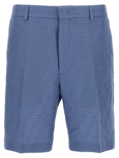 Fendi Linen Bermuda With Jacquard Trousers Light Blue