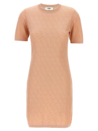 Fendi Cotton Short Sleeve Dress With Textured Pattern In Neutral