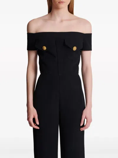 Balmain Off-shoulder Flared Crepe Jumpsuit