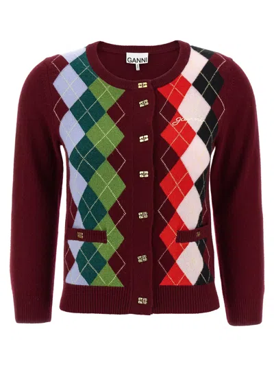 Ganni Womens Tawny Port Rhombus-print Round-neck Wool And Cashmere Cardigan Xl