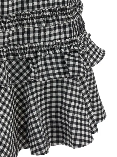 Ganni Black & White Crinkled Check Mini Dress In Black