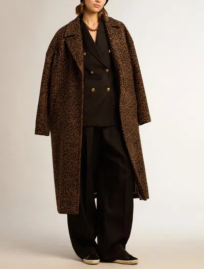 Golden Goose Golden Collection Single-breasted Cocoon Coat In Wool With Jacquard Animal Pattern In Brown