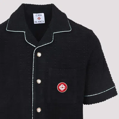 Casablanca Black Shirt With Classic Lapels And All-over Embossed Monogram In Blue