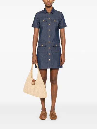 Celine Dress Short Sleeve Front Pockets In Blue