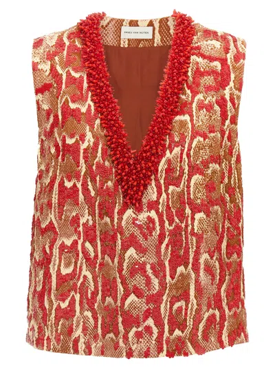 Dries Van Noten Sleeveless V-neck Animal Print Sequin Trim Top
