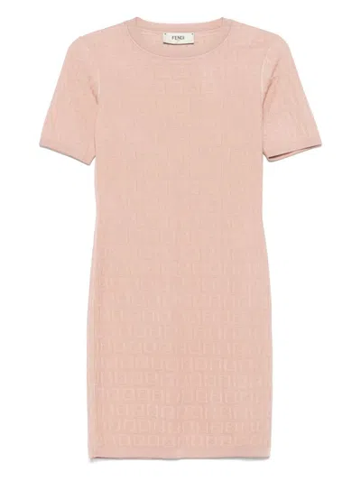 Fendi Cotton Short Sleeve Dress With Textured Pattern In Neutral