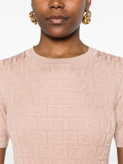Fendi Cotton Short Sleeve Dress With Textured Pattern In Neutral