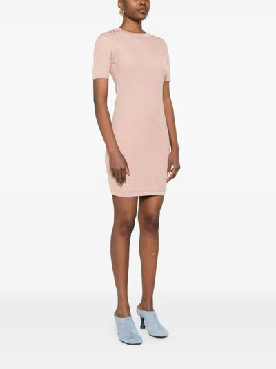 Fendi Cotton Short Sleeve Dress With Textured Pattern In Neutral