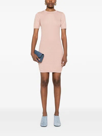Fendi Cotton Short Sleeve Dress With Textured Pattern In Neutral