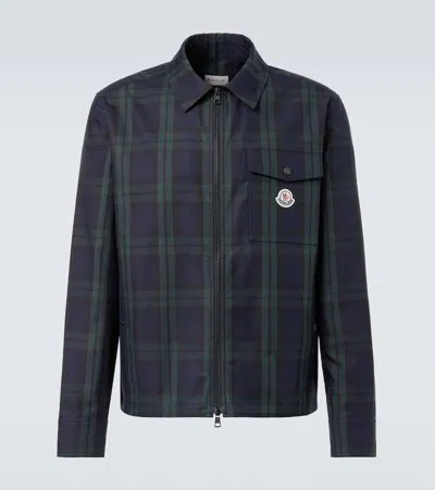 Moncler Cotton Gabarine Shirt Jacket With Check Pattern In Blue