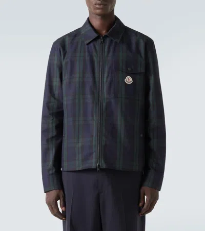 Moncler Cotton Gabarine Shirt Jacket With Check Pattern In Blue
