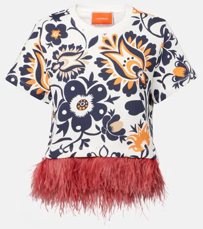 La Doublej La Scala Feather-trimmed Floral-print T-shirt In Blue