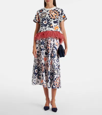 La Doublej La Scala Feather-trimmed Floral-print T-shirt In Blue