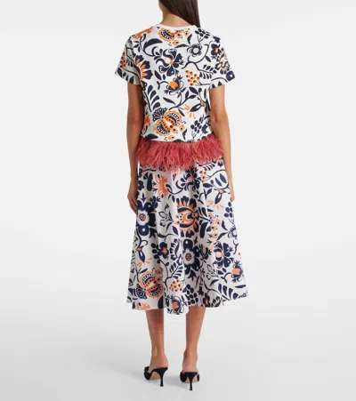 La Doublej La Scala Feather-trimmed Floral-print T-shirt In Blue