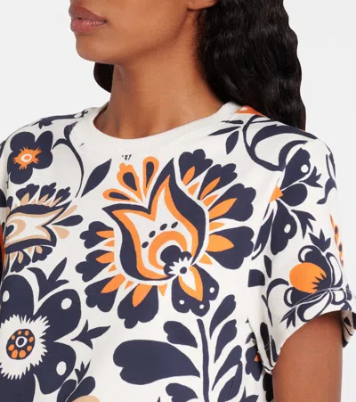 La Doublej La Scala Feather-trimmed Floral-print T-shirt In Blue