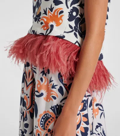 La Doublej La Scala Feather-trimmed Floral-print T-shirt In Blue