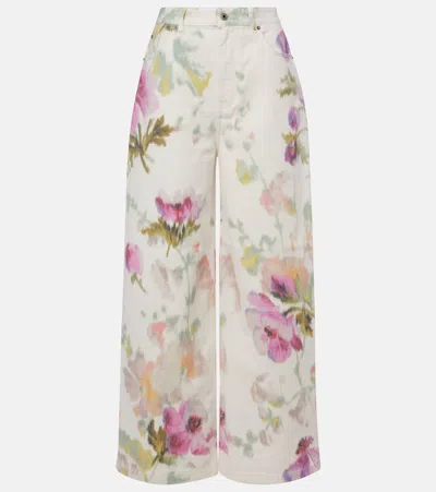 Loewe Floral Print Wide Leg Denim Trousers In White