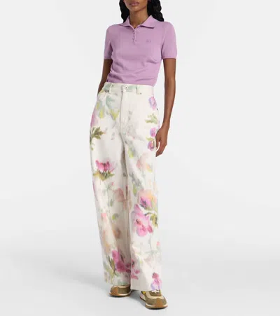 Loewe Floral Print Wide Leg Denim Trousers In White