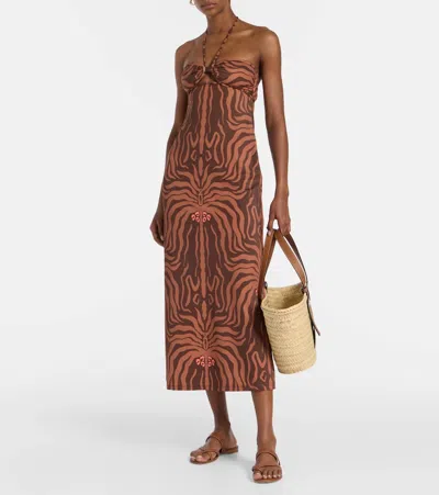 Johanna Ortiz Jungle Palms Halter Neck Midi Dress In Brown
