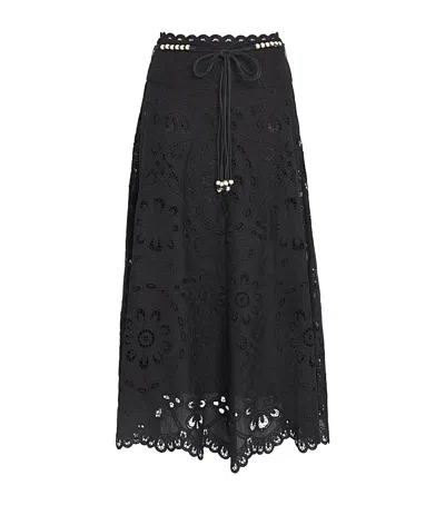 Zimmermann Flared Midi Skirt With Embroidered Openwork Design In Black