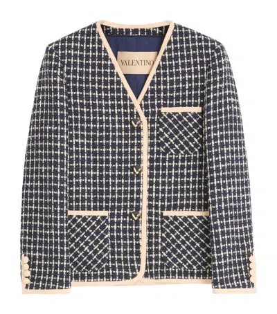 Valentino Boucle Wool Blend Jacket With Contrast Trim In Blue