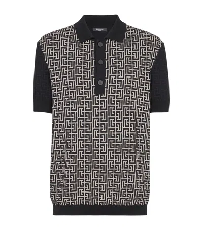 Balmain Wool And Linen Polo Shirt With Monogram Motif In Black