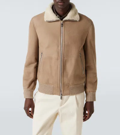 Brunello Cucinelli Suede Curly Shearling Bomber Jacket With Cashmere Knit Collar