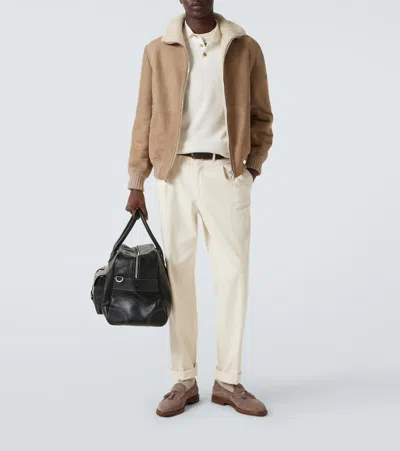 Brunello Cucinelli Suede Curly Shearling Bomber Jacket With Cashmere Knit Collar